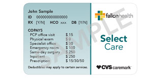 Picture of a member card indicating where the plan name can be located (Top left next to the Fallon Health logo)